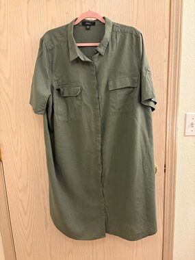 Ellos Olive Green Midi Shirt Dress with Roll up Sleeves